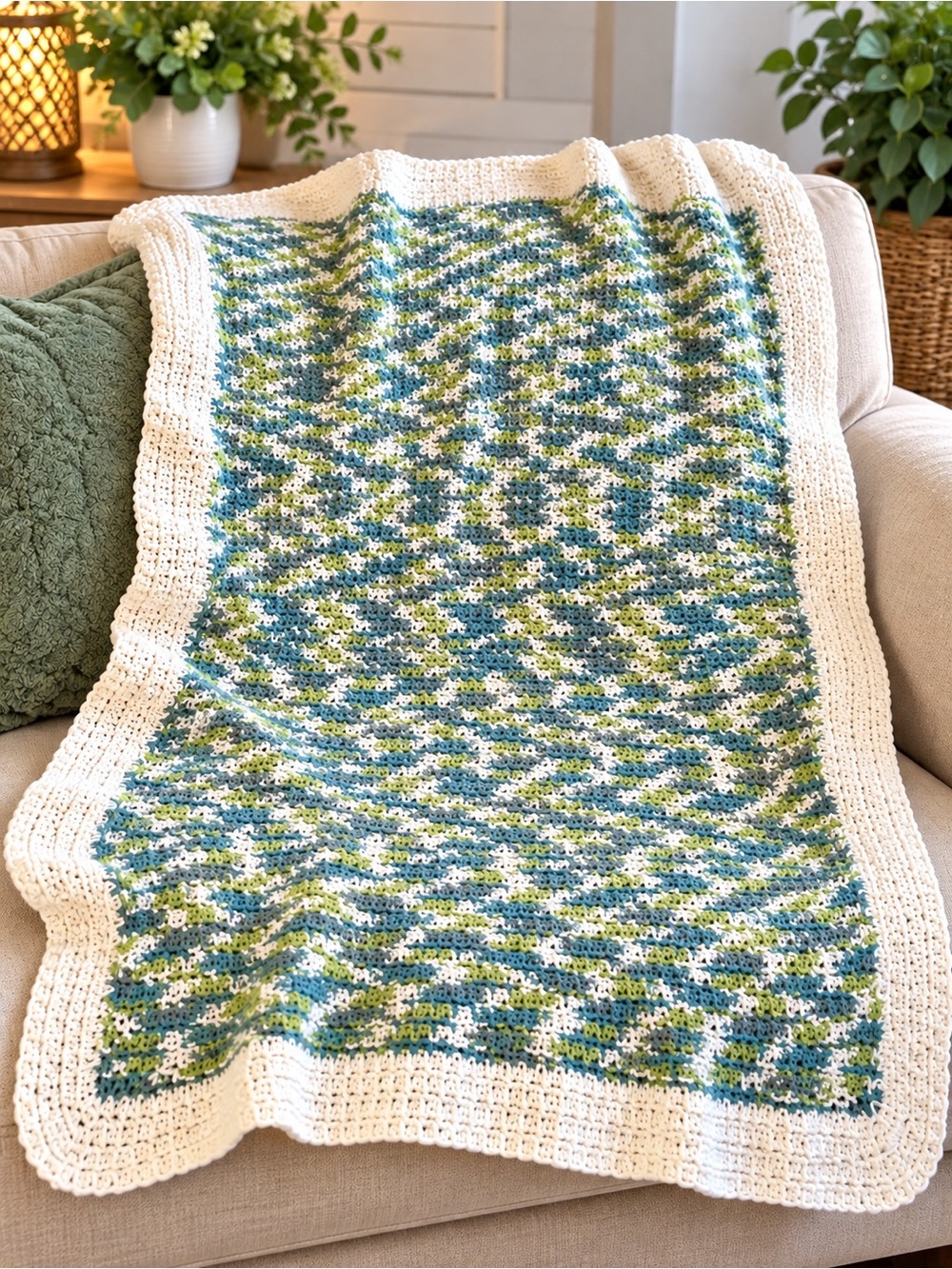 Cozy Multi-Blue & Green Crochet Throw with Cream Border
